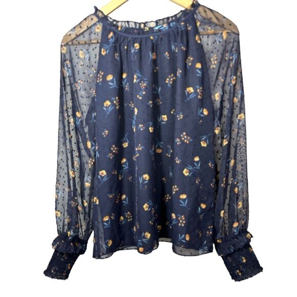 DRAPER JAMES  Women's Floral Swiss Dot Smocked Long Sleeve Blouse Blue Medium - Picture 1 of 13
